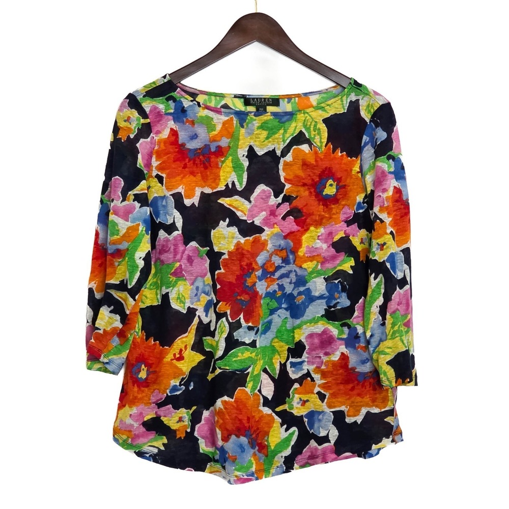 Ralph Lauren 100% Linen Top Womens PM Colorful Floral Lightweight Blouse